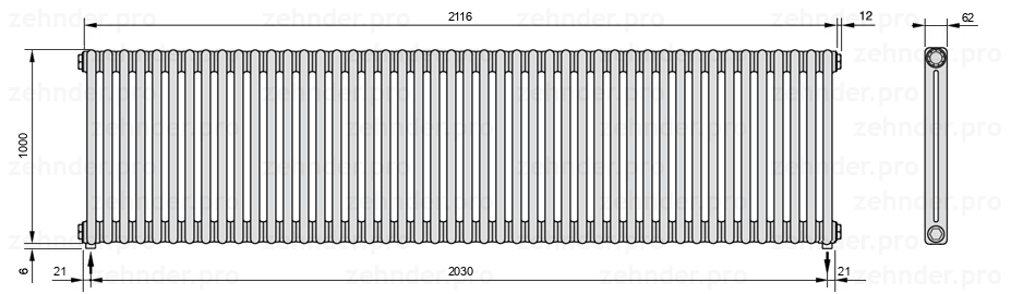Схема (чертеж) Радиатор Zehnder Charleston 2100/46 №5310 Белый глянцевый RAL 9016